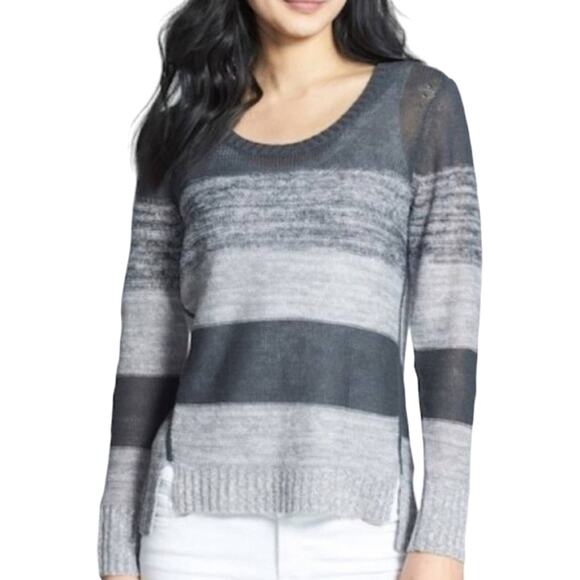 Eileen Fisher Organic Linen Bold Striped Crewneck Semi Sheer Sweater Grey Small - Picture 1 of 8